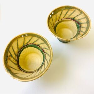 Handmade Signed Studio Pottery Noodle Bowls Chop Stick Keeper Tan Green Maroon